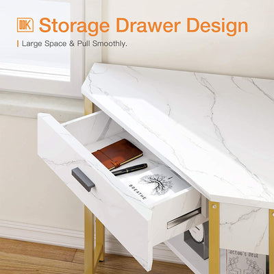 Modern Triangle Corner Vanity Writing Desk with Large Drawer, Gold Marble (Used) - VMInnovations
