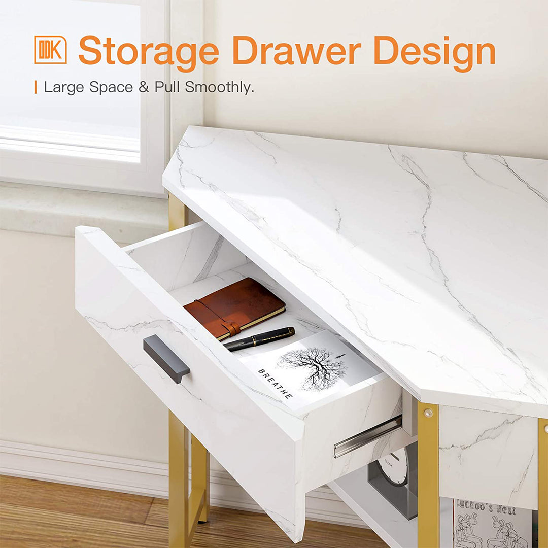 Modern Triangle Corner Vanity Writing Desk with Large Drawer, Gold Marble (Used) - VMInnovations