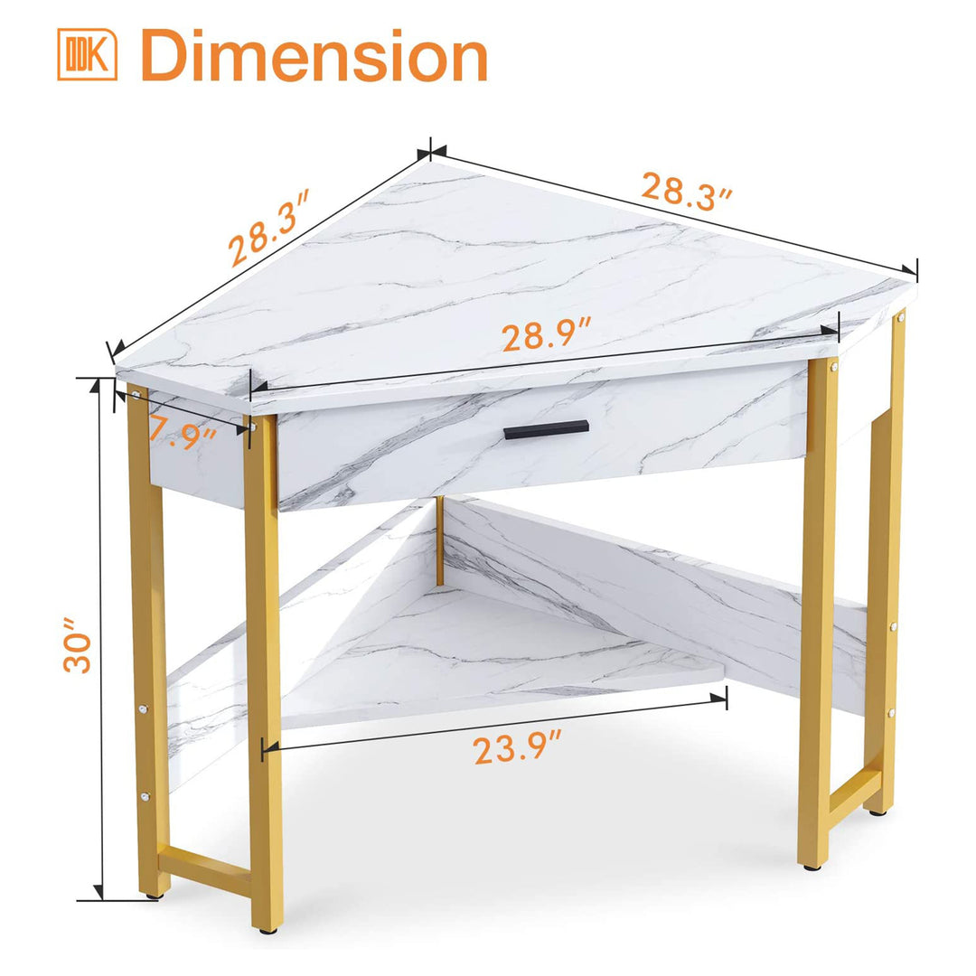Modern Triangle Corner Vanity Writing Desk with Large Drawer, Gold Marble (Used) - VMInnovations