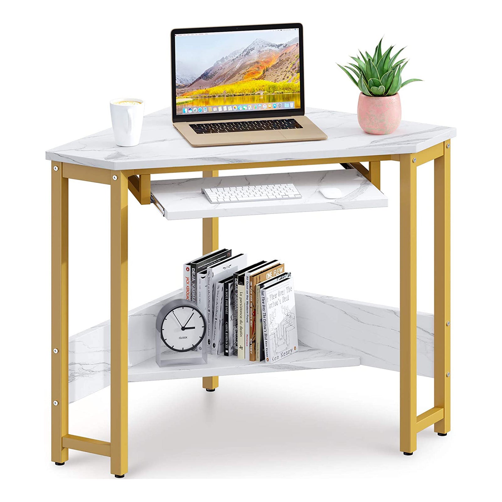 ODK Modern Corner Computer Desk w/Smooth Keyboard Tray, Gold Marble (Used) - VMInnovations