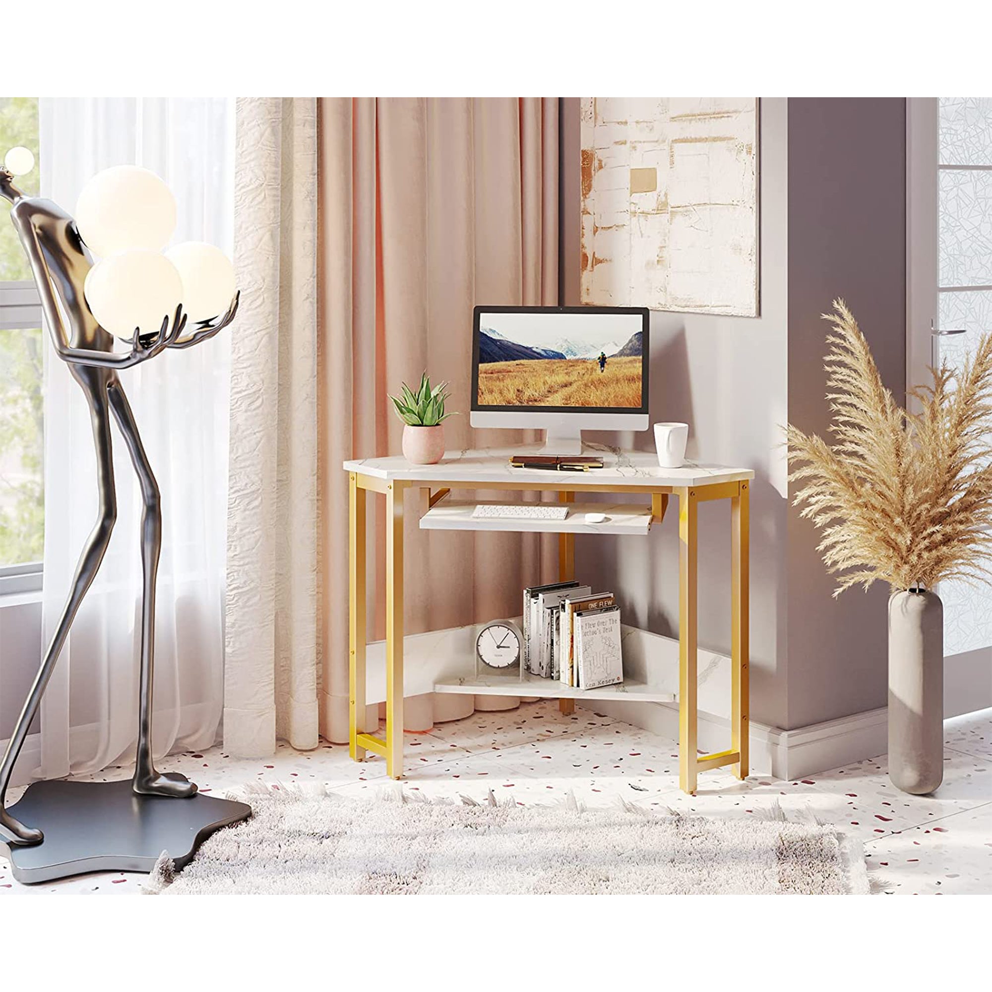 ODK Modern Corner Computer Desk w/Smooth Keyboard Tray, Gold Marble (Used) - VMInnovations