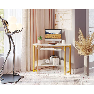 ODK Modern Corner Computer Desk w/Smooth Keyboard Tray, Gold Marble (Used) - VMInnovations