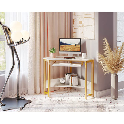 ODK Modern Triangle Corner Computer Desk with Smooth Keyboard Tray, Gold Marble