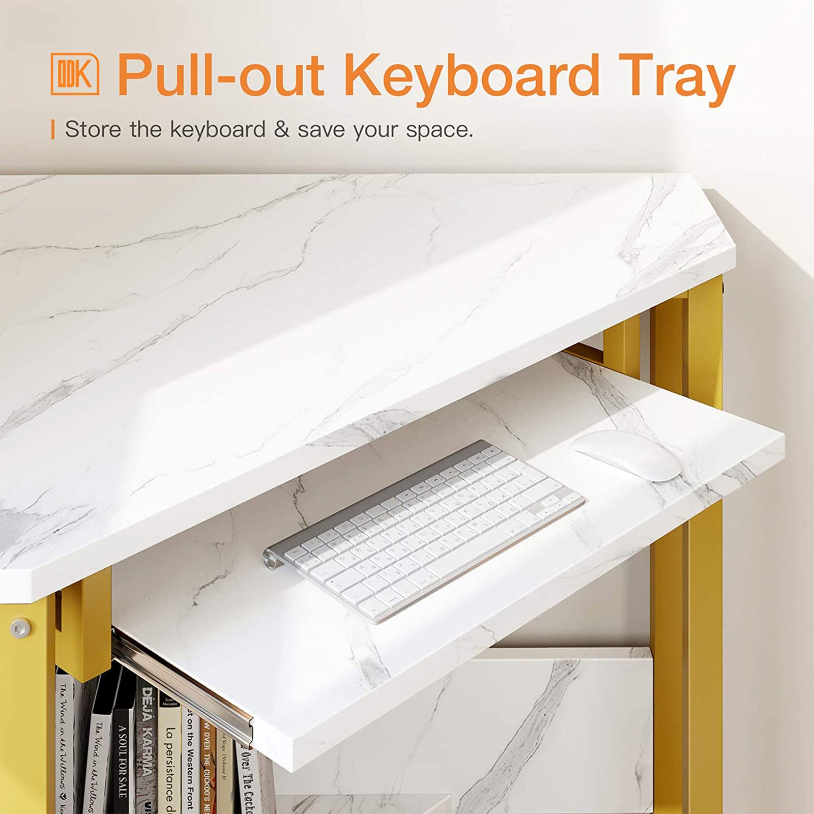 ODK Modern Corner Computer Desk w/Smooth Keyboard Tray, Gold Marble (Used) - VMInnovations