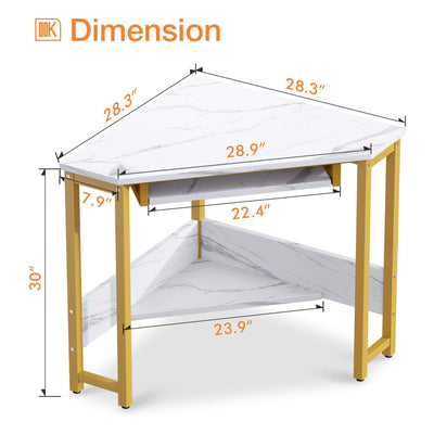 ODK Modern Corner Computer Desk w/Smooth Keyboard Tray, Gold Marble (Used)