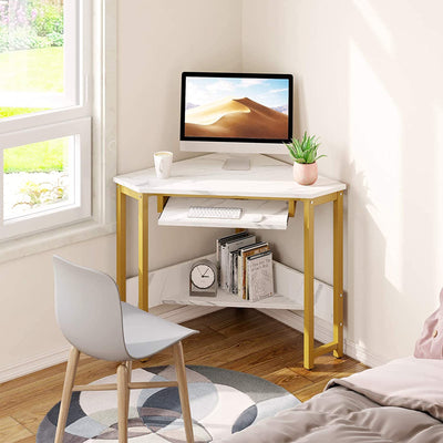 ODK Modern Corner Computer Desk w/Smooth Keyboard Tray, Gold Marble (Used) - VMInnovations