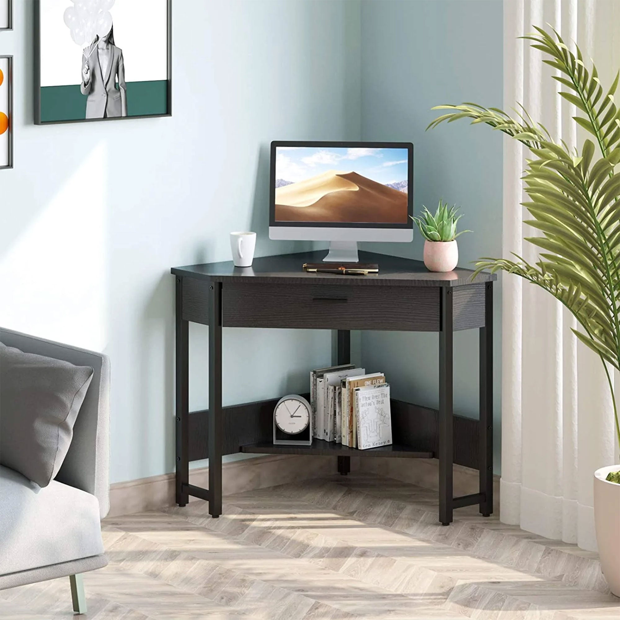Triangle Corner Computer Writing Desk with Storage Drawer, Black (Open Box) - VMInnovations