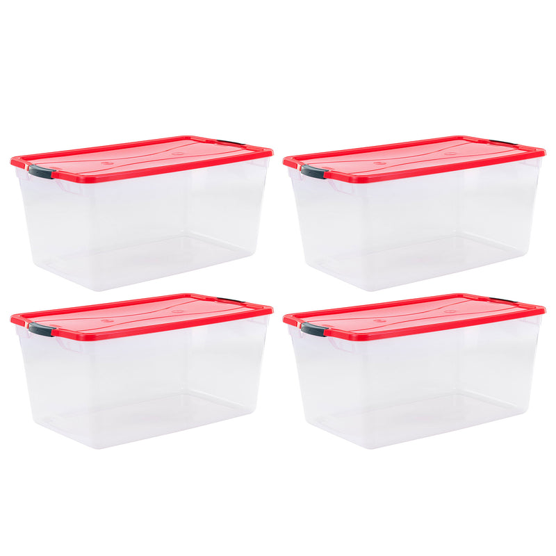 Rubbermaid Cleverstore 18 Gal Plastic Storage Tote, Clear & Red, 4 Pk(Used)