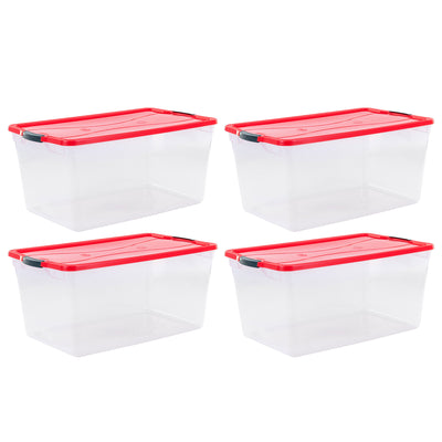 Rubbermaid Cleverstore 18 Gal Plastic Holiday Storage Tote, Clear & Red, 4 Pack