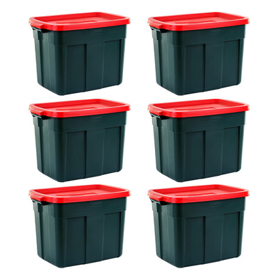 Rubbermaid Roughneck 18 Gal Plastic Storage Tote, Green and Red (6 Pack) (Used)