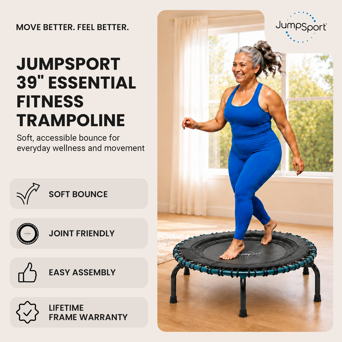 JumpSport 250 Workout Rebounder for Adults, 39" Mini Fitness Trampoline, Teal
