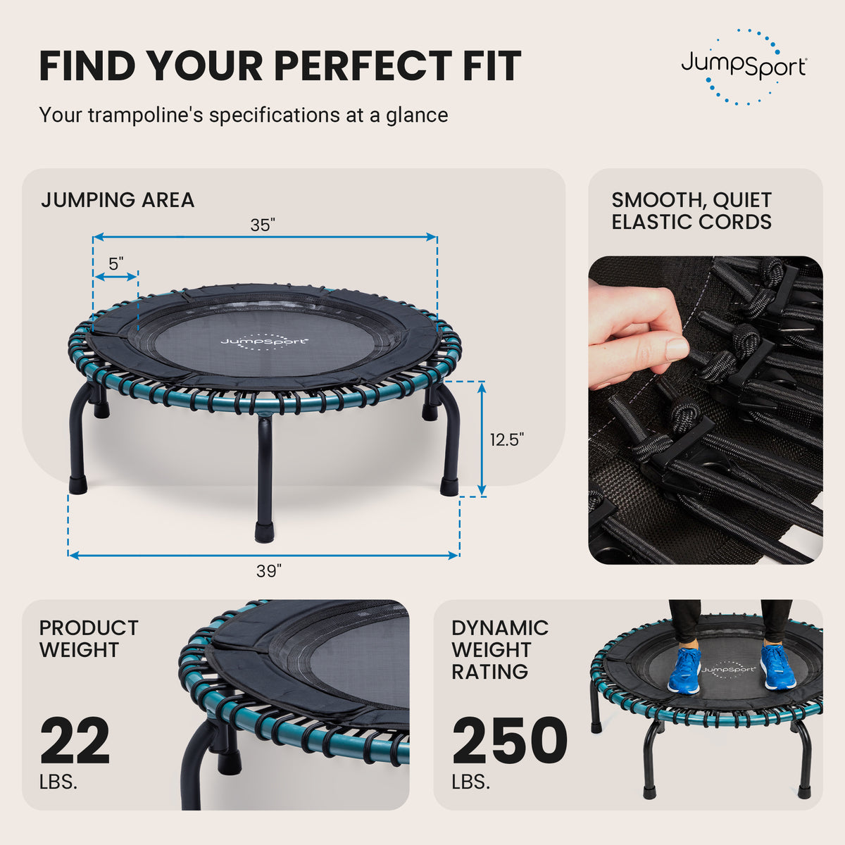 JumpSport 250 Workout Rebounder for Adults, 39" Mini Fitness Trampoline, Teal