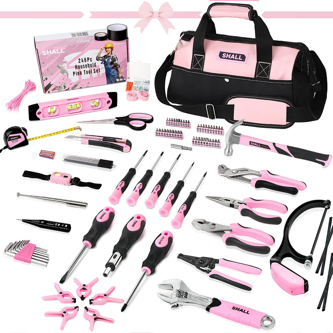 SHALL 246-Piece Ladies Home Hand Tool Set Kit w/Bag & Multiple Tools, Pink(Used)