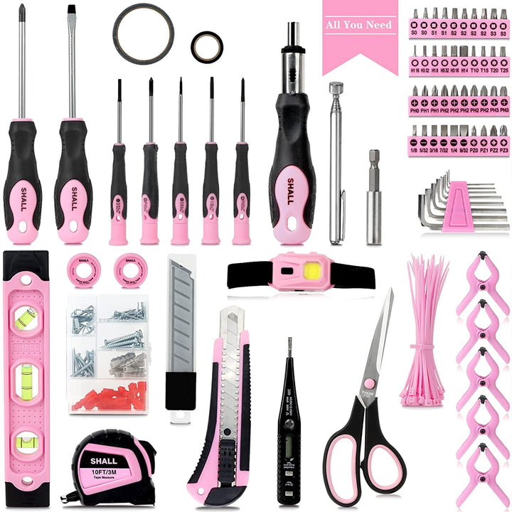 SHALL 246-Piece Ladies Home Hand Tool Set Kit w/Bag & Multiple Tools, Pink(Used)