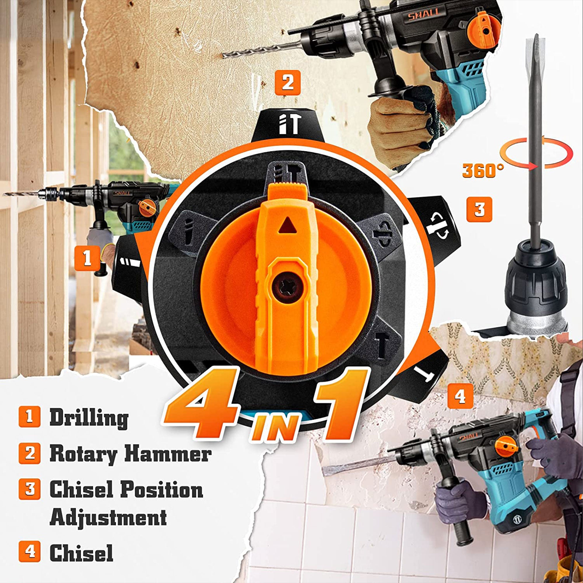 SHALL 1-1/4 Inch Heavy Duty Rotary 12.5 AMP Hammer Drill with 3 Bits (Open Box) - VMInnovations