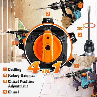 SHALL 1-1/4 Inch Heavy Duty Rotary 12.5 AMP Hammer Drill with 3 Bits (Open Box) - VMInnovations