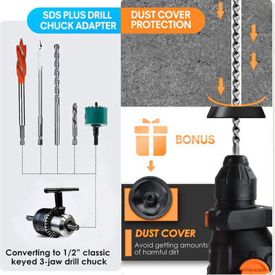 SHALL 1-1/4 Inch Heavy Duty Rotary 12.5 AMP Hammer Drill with 3 Bits (Open Box) - VMInnovations