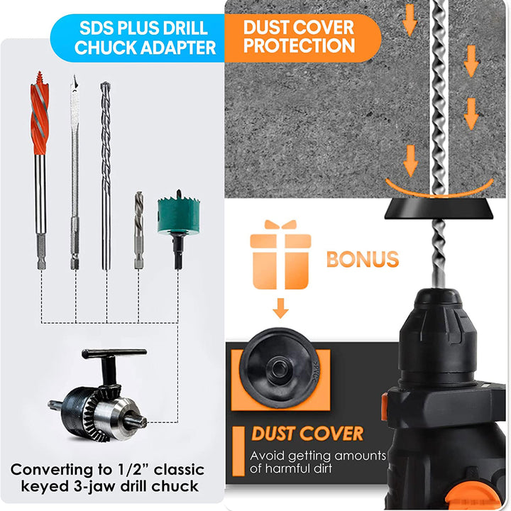 SHALL 1-1/4 Inch Heavy Duty Rotary 12.5 AMP Hammer Drill with 3 Bits (Open Box)