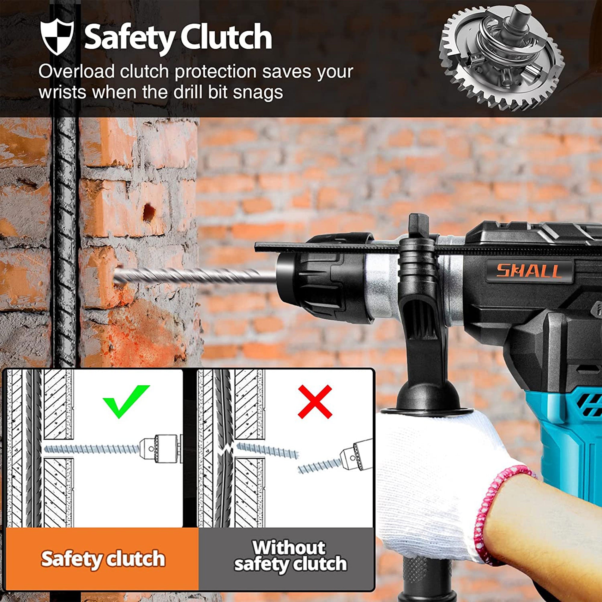 SHALL 1-1/4 Inch Heavy Duty Rotary 12.5 AMP Hammer Drill with 3 Bits (Open Box) - VMInnovations