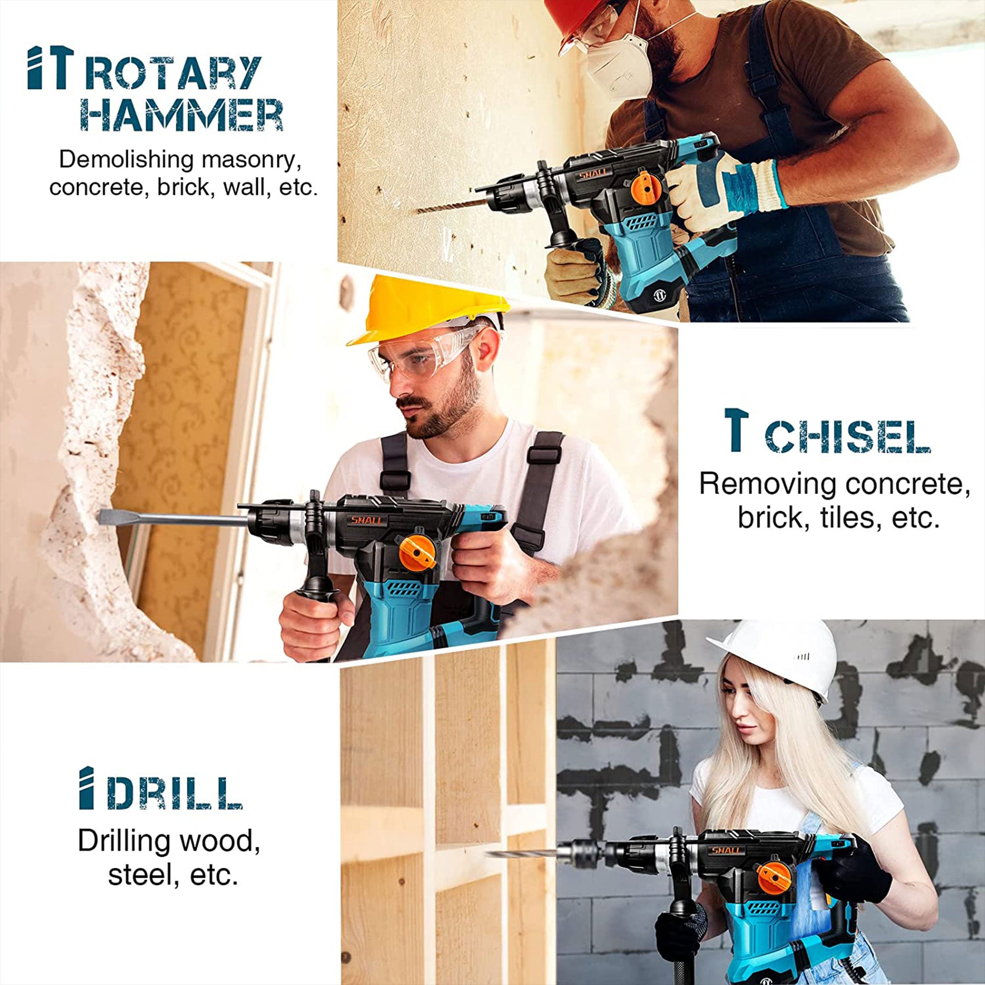SHALL 1-1/4 Inch Heavy Duty Rotary 12.5 AMP Hammer Drill with 3 Bits (Open Box) - VMInnovations