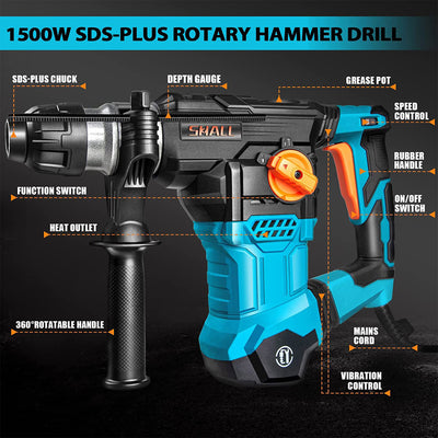 SHALL 1-1/4 Inch SDS Plus Heavy Duty Rotary 12.5 AMP Hammer Drill with 3 Bits