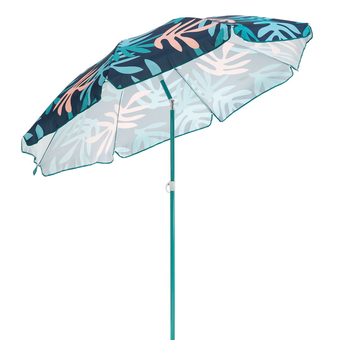 SlumberTrek Moda Adjustable Height Push Button Tilt Beach Umbrella, Coral Leaf