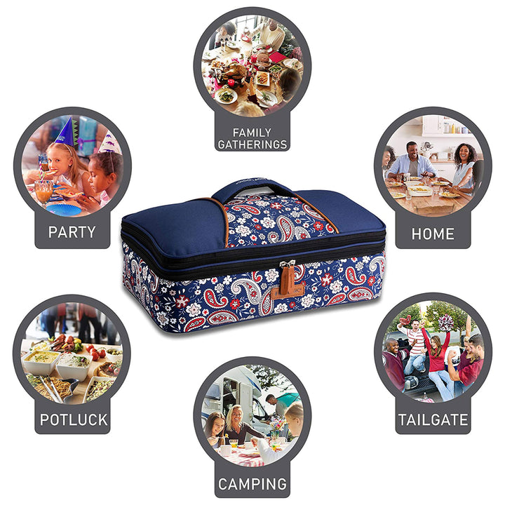 HotLogic  Food Warming Lunch & Casserole Tote Carrier, Blue Paisley (Open Box)