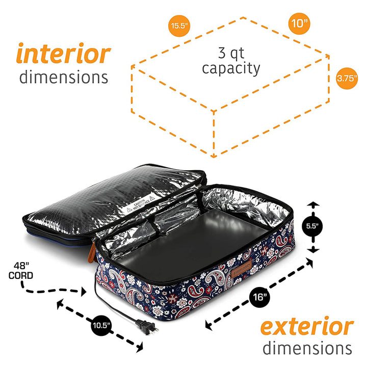 HotLogic  Food Warming Lunch & Casserole Tote Carrier, Blue Paisley (Open Box)