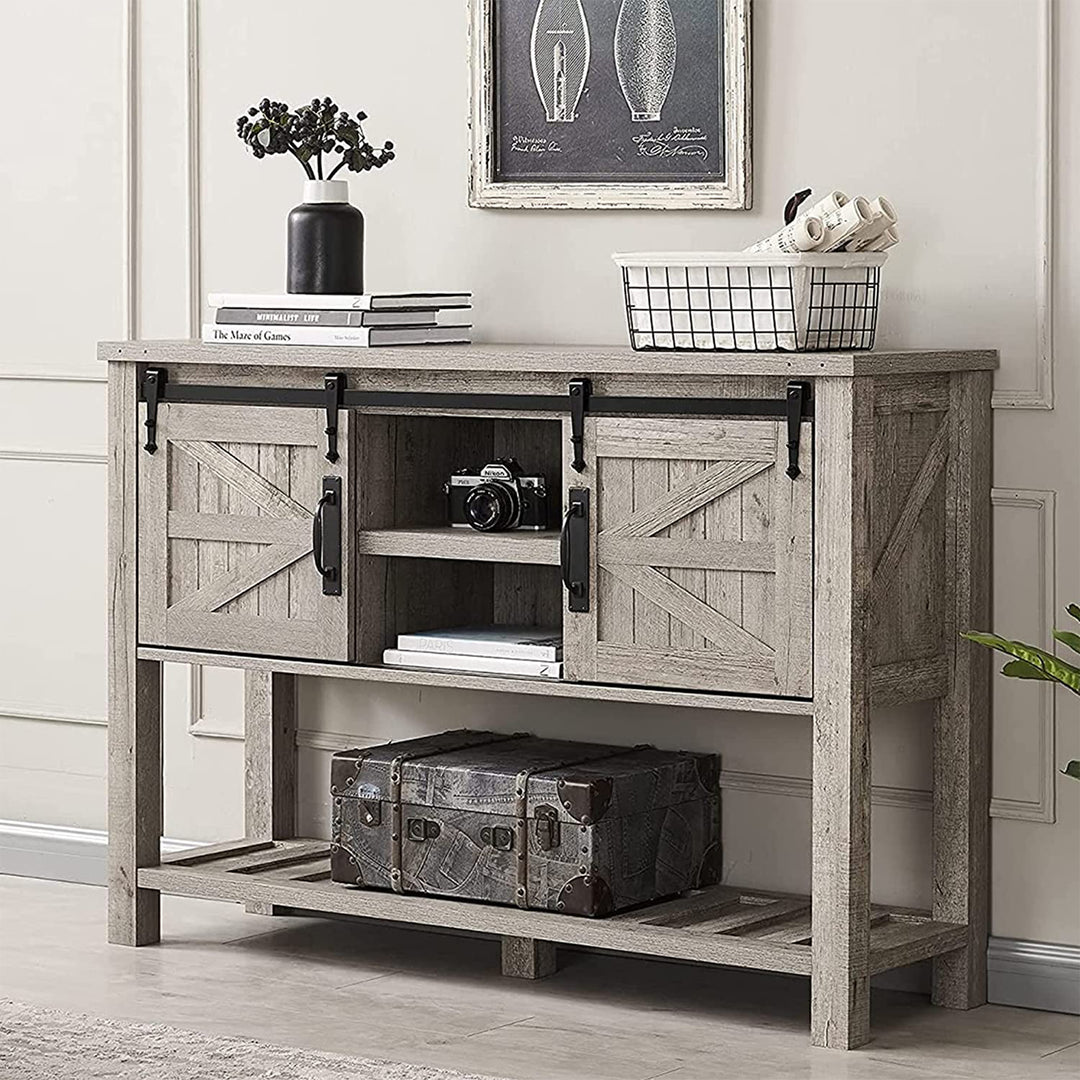 Farmhouse Console Entryway Table with Sliding Barn Doors, Light Rustic Oak(Used) - VMInnovations