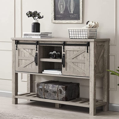 Farmhouse Console Entryway Table with Sliding Barn Doors, Light Rustic Oak(Used) - VMInnovations