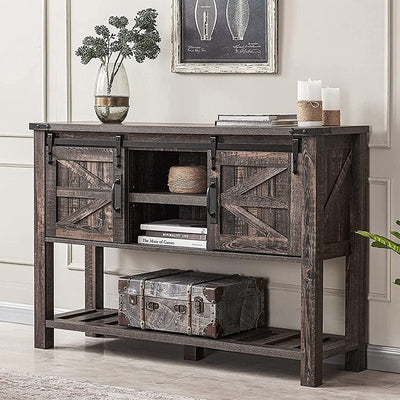 OKD Farmhouse Console Entryway Table w/ Sliding Barn Doors, Rustic Oak (Used) - VMInnovations