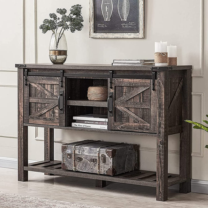 Farmhouse Console Entryway Table w/ Sliding Barn Doors, Rustic Oak (For Parts) - VMInnovations