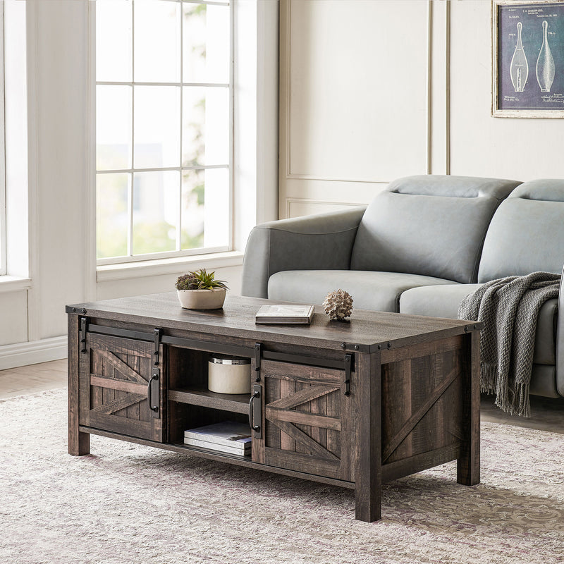 OKD 48In Coffee Table w/ Sliding Barn Doors, Dark Rustic Oak (For Parts)