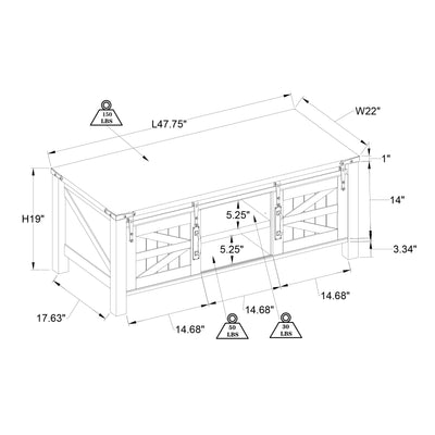 Farmhouse 48 Inch Coffee Table with Sliding Barn Doors (Open Box)