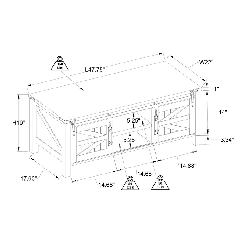 Farmhouse 48 Inch Coffee Table with Sliding Barn Doors (Open Box)