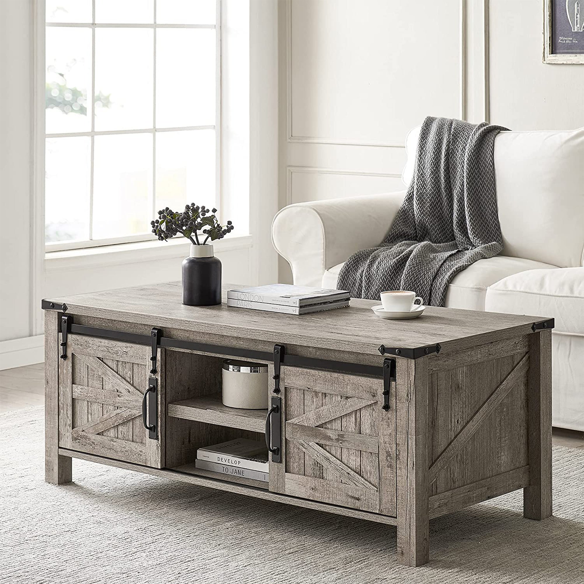 OKD Farmhouse 48" Coffee Table with Sliding Barn Doors, Light Rustic Oak (Used) - VMInnovations
