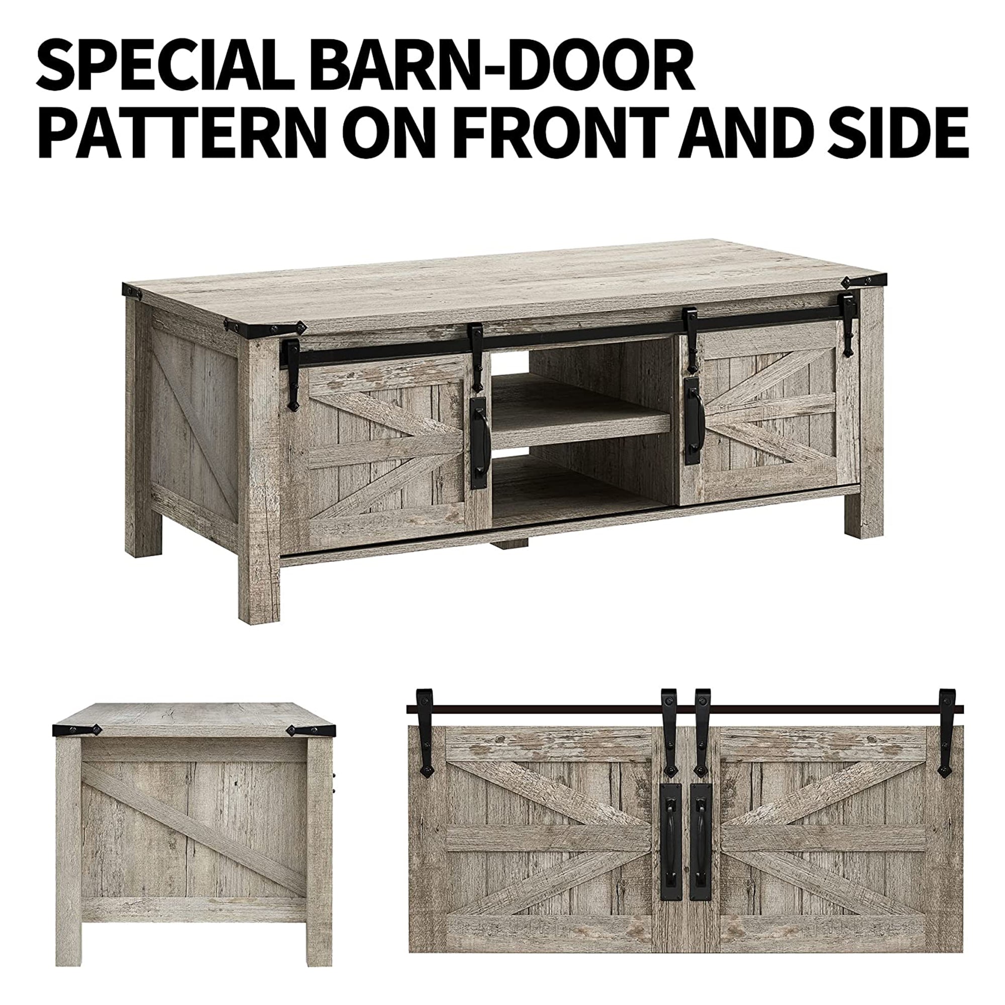 OKD Farmhouse 48" Coffee Table with Sliding Barn Doors, Light Rustic Oak (Used) - VMInnovations