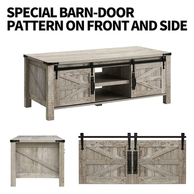 OKD Farmhouse 48" Coffee Table with Sliding Barn Doors, Light Rustic Oak (Used) - VMInnovations