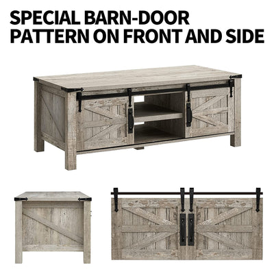 OKD Farmhouse 48 Inch Coffee Table with Sliding Barn Doors, Light Rustic Oak