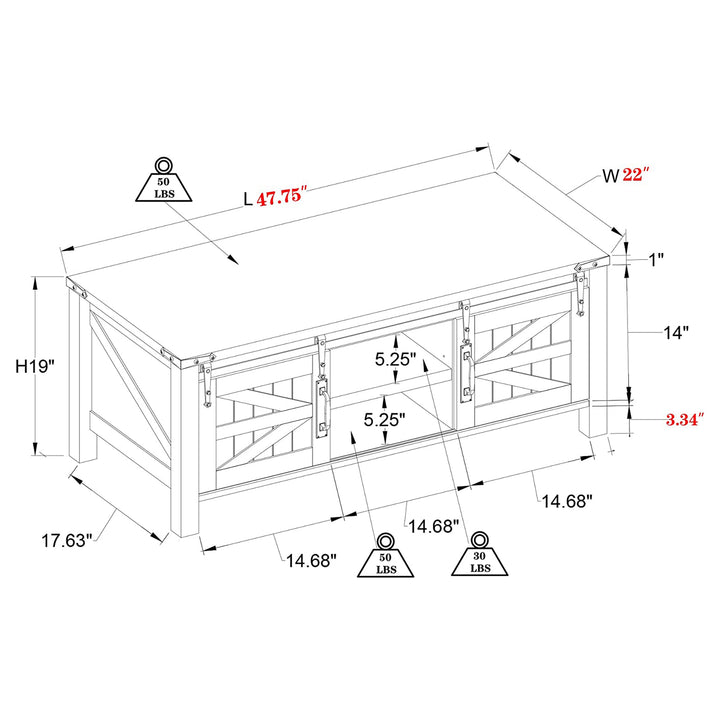 48 Inch Coffee Table with Sliding Barn Doors, Light Rustic Oak (Open Box) - VMInnovations
