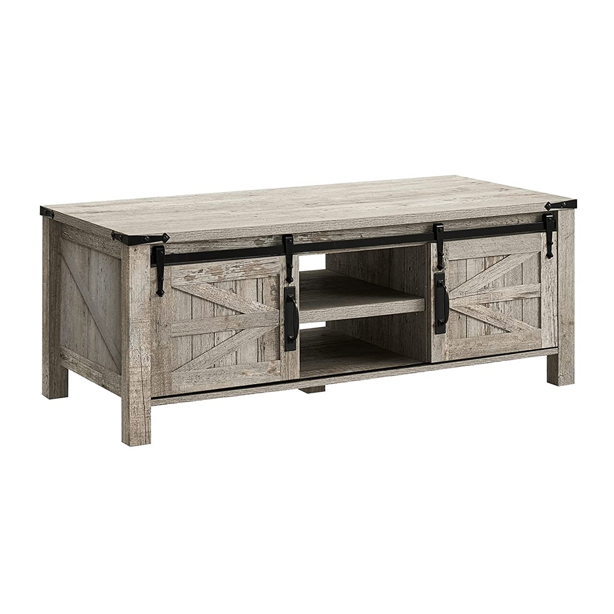 OKD Farmhouse 48" Coffee Table with Sliding Barn Doors, Light Rustic Oak (Used) - VMInnovations