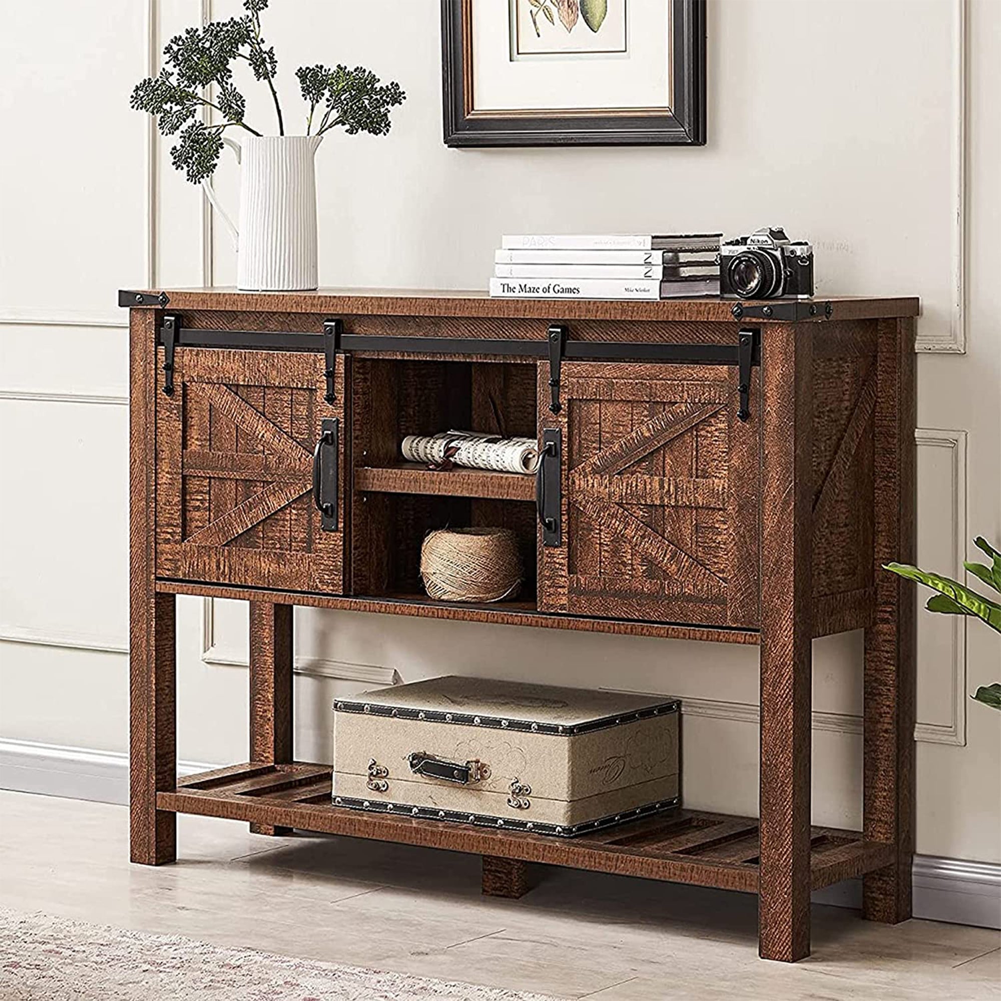 Farmhouse Console Entryway Table w/ Sliding Barn Doors, Reclaimed Barnwood(Used) - VMInnovations