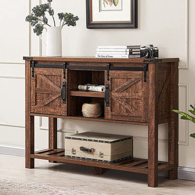 Farmhouse Console Entryway Table with Sliding Barn Doors, Barnwood (Open Box) - VMInnovations