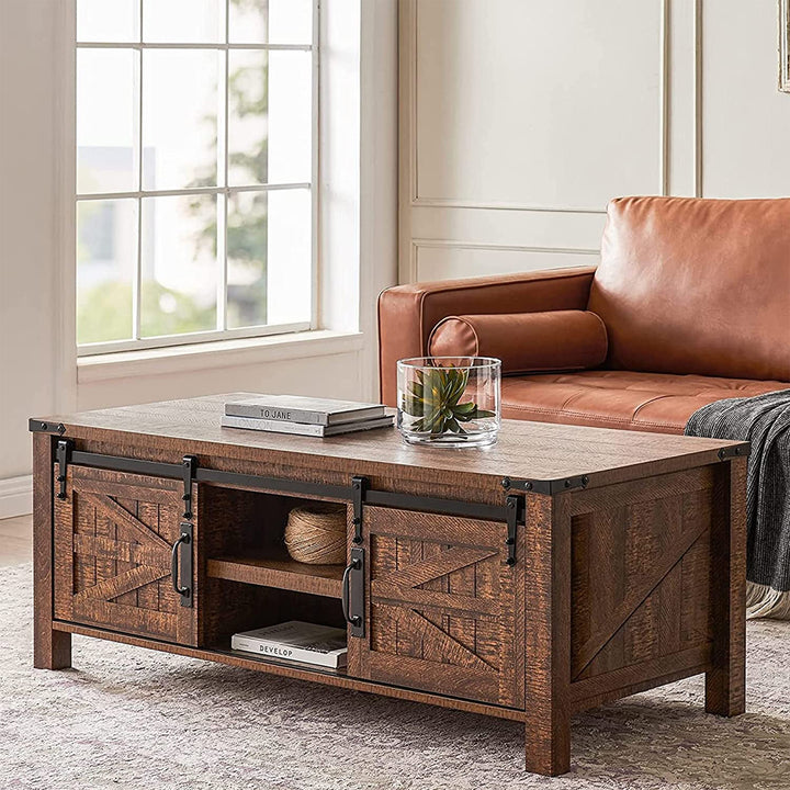 OKD Farmhouse 48 Inch Coffee Table with Sliding Barn Doors, Reclaimed Barnwood