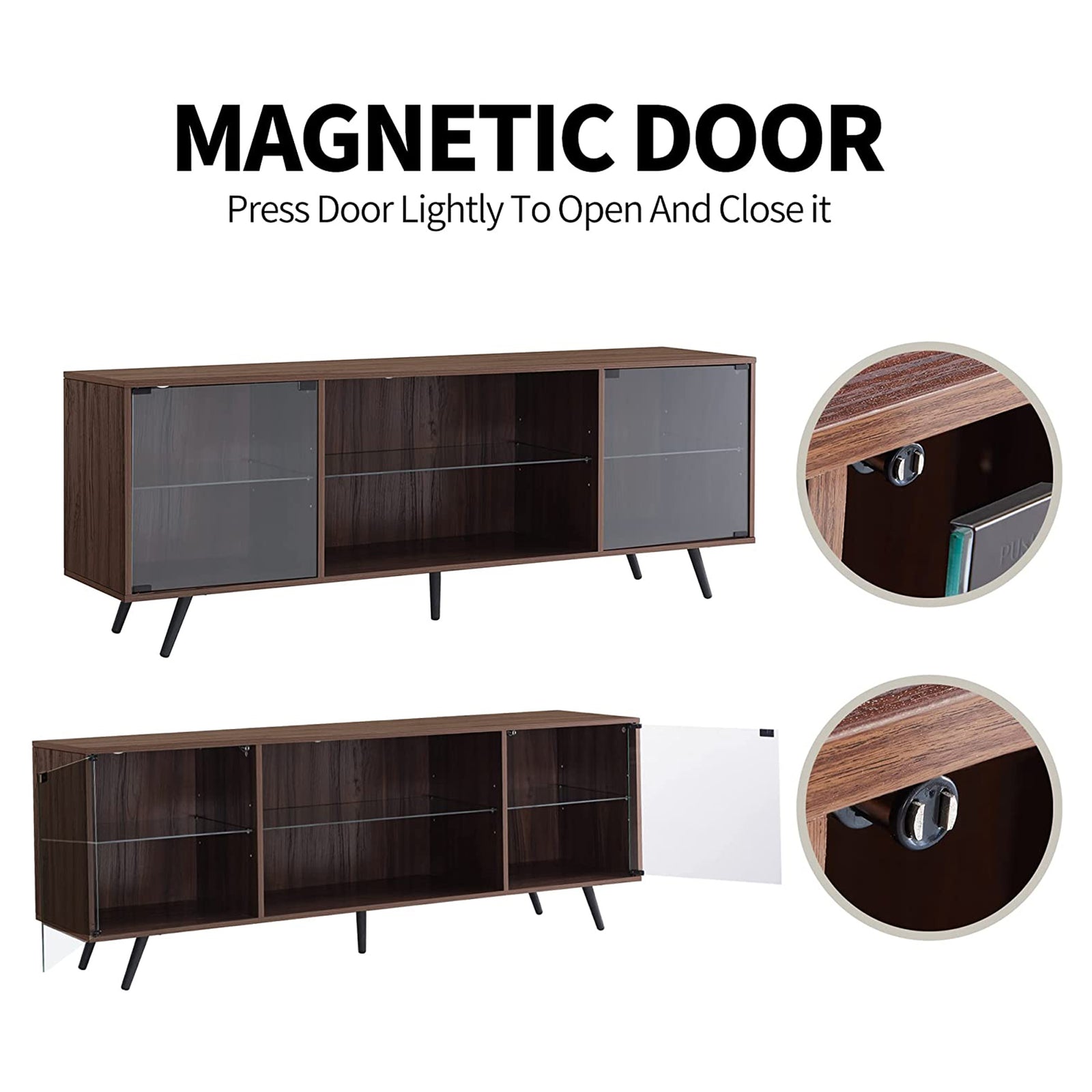 OKD Modern 75 Inch TV Stand with LED Lights, Shelves and Magnetic Doors, Black - VMInnovations