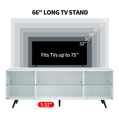 OKD Modern 75 Inch TV Stand with LED Lights, Shelves and Magnetic Doors, White