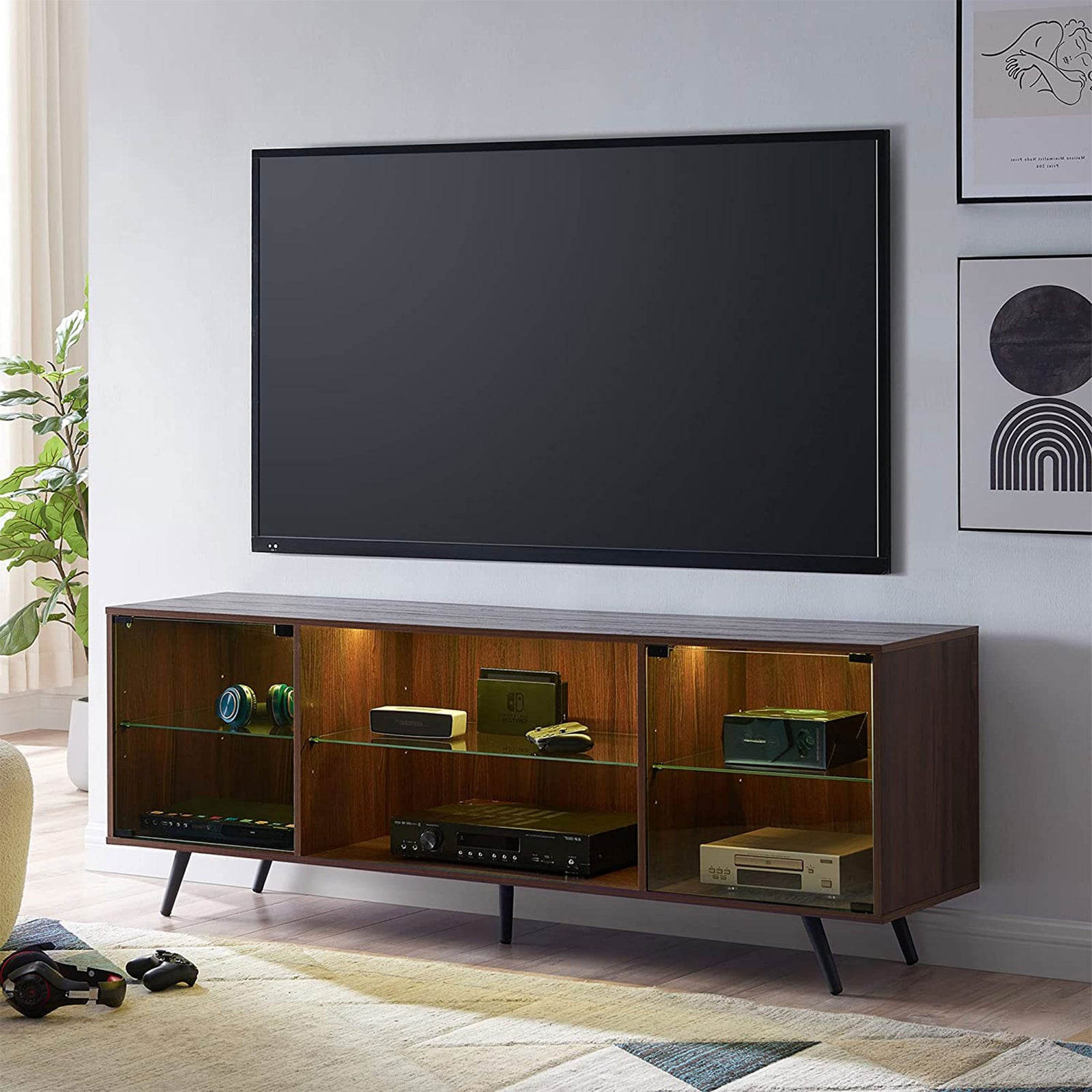 75" TV Stand w/ LED Lights, Shelves & Magnetic Doors, Dark Walnut (Open Box) - VMInnovations