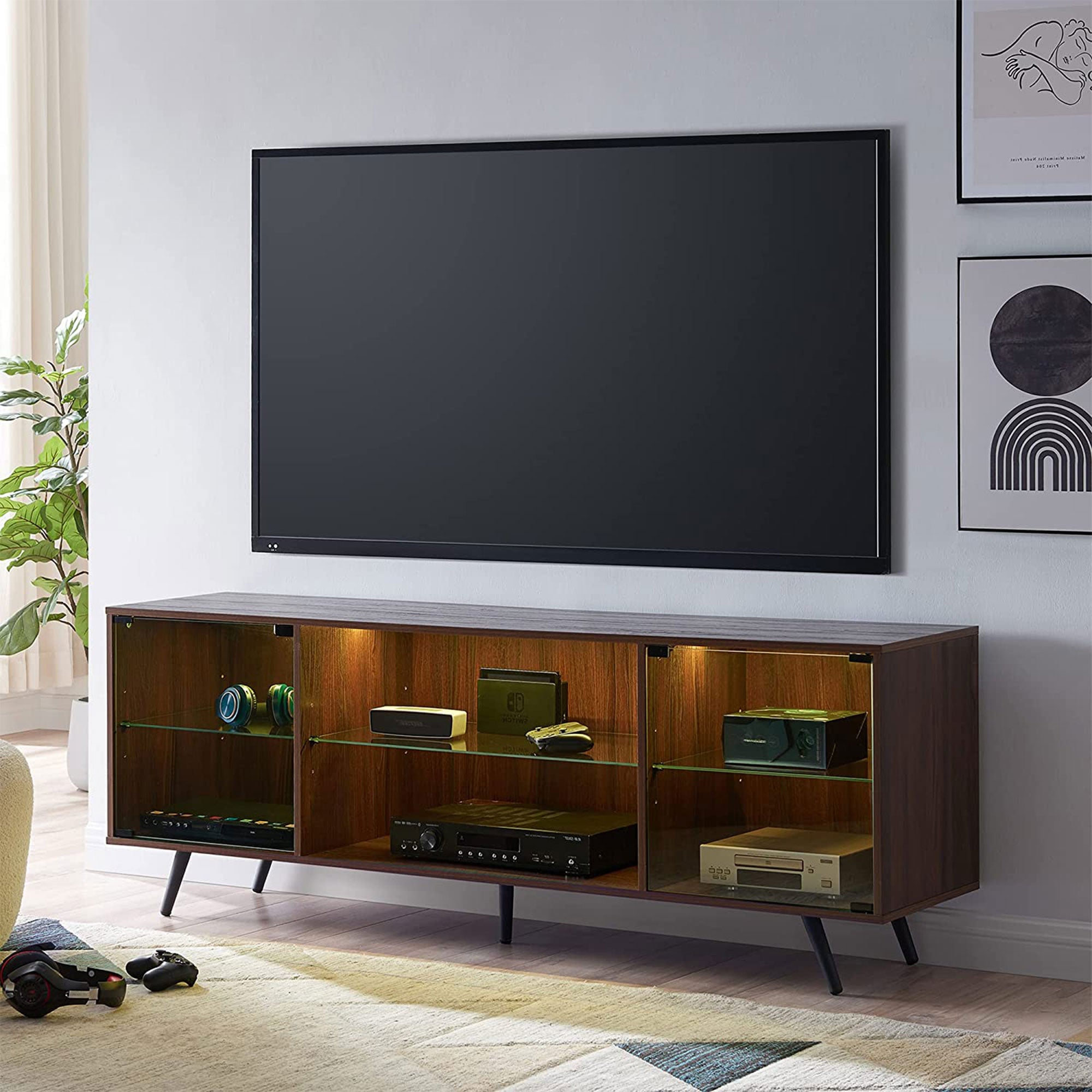 OKD 75 In TV Stand w/ Lights, Shelves & Magnetic Doors, Dark Walnut (For Parts) - VMInnovations