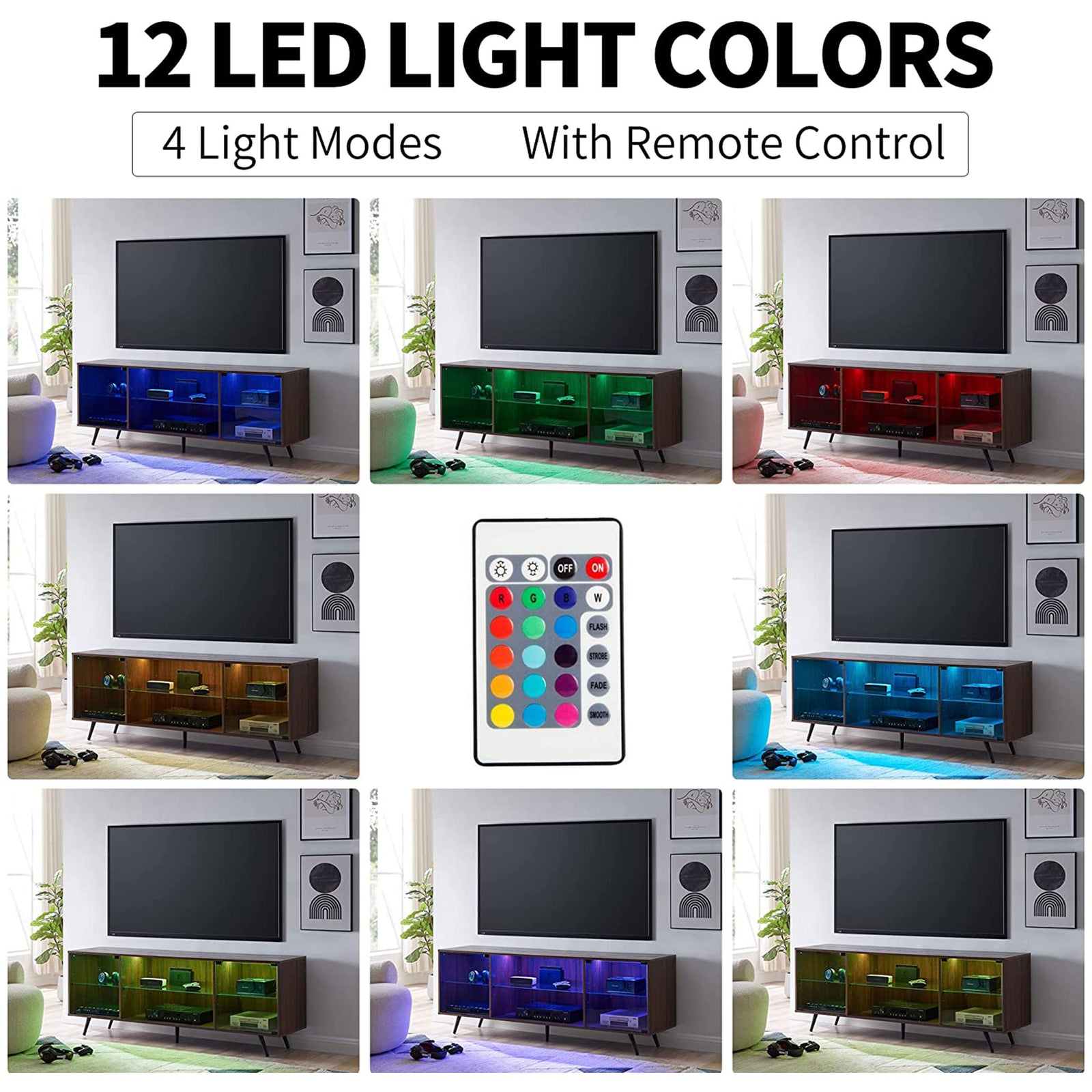 OKD Modern 75 Inch TV Stand w/ LED Lights, Shelves & Magnetic Doors, Dark Walnut - VMInnovations