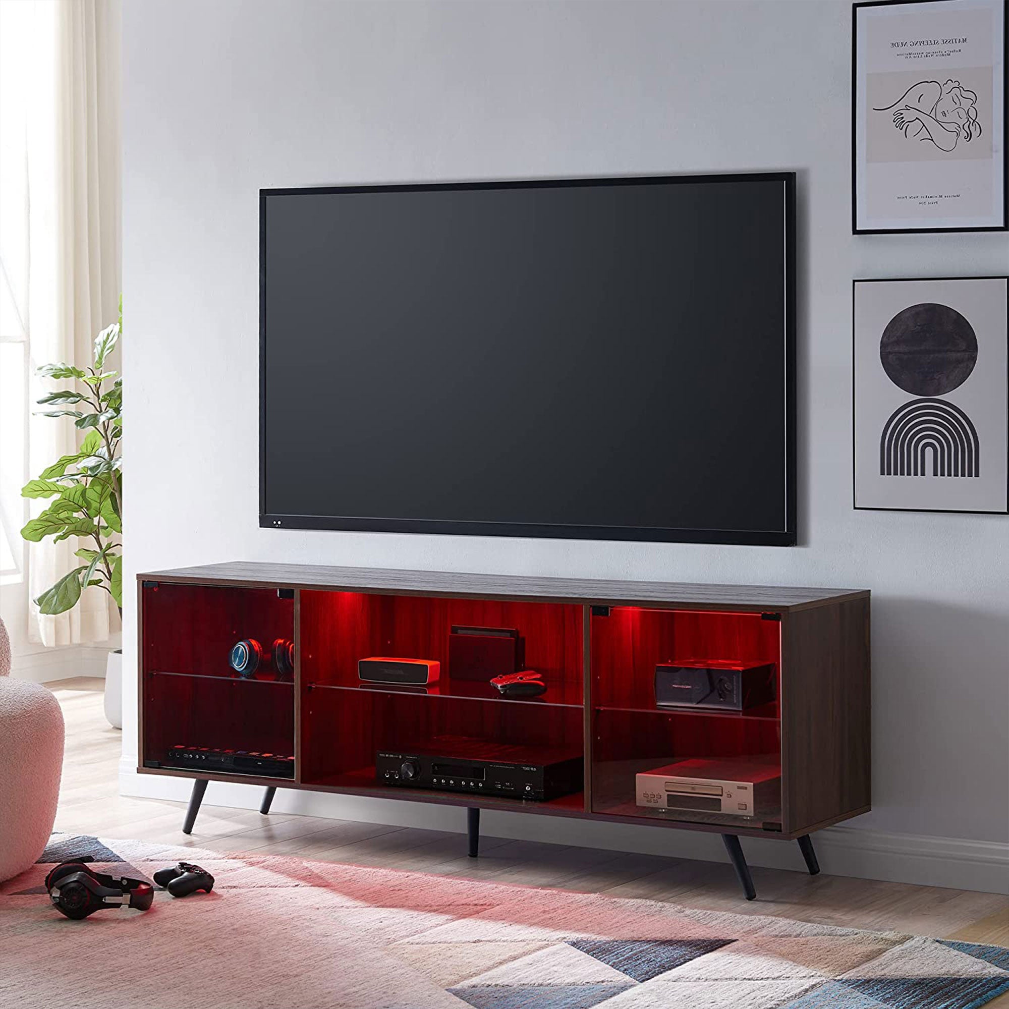 OKD 75 In TV Stand w/ Lights, Shelves & Magnetic Doors, Dark Walnut (For Parts) - VMInnovations